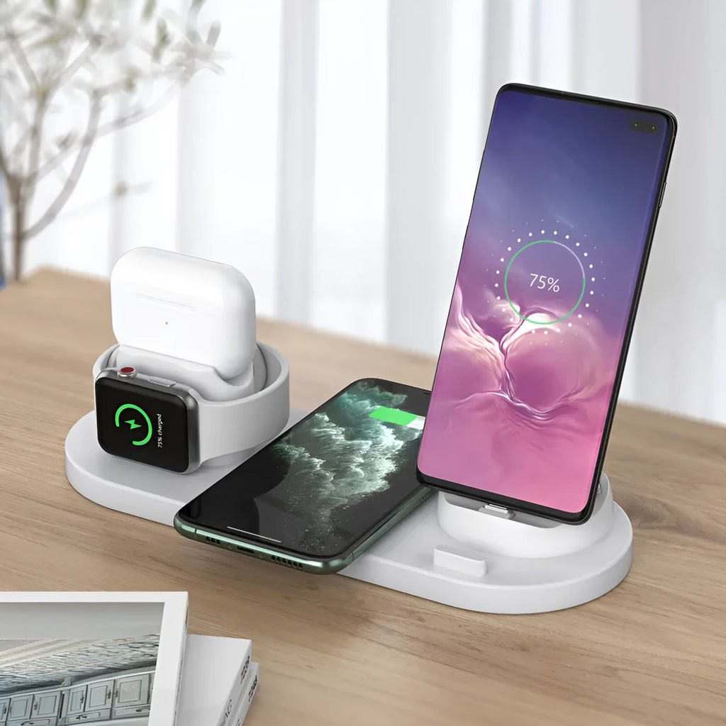Black 6-in-1 wireless charging station with smartphone, AirPods and iWatch charging areas