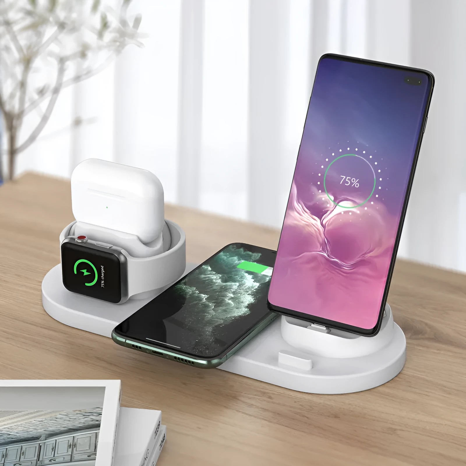 Black 6-in-1 wireless charging station with smartphone, AirPods and iWatch charging areas