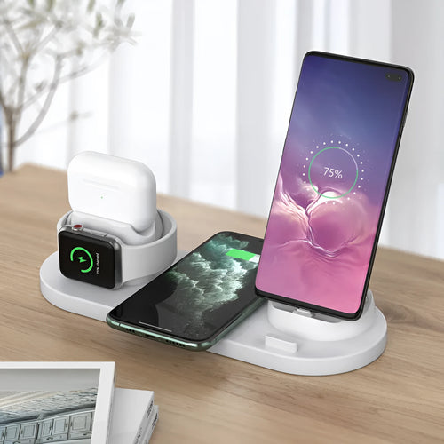 Black 6-in-1 wireless charging station with smartphone, AirPods and iWatch charging areas