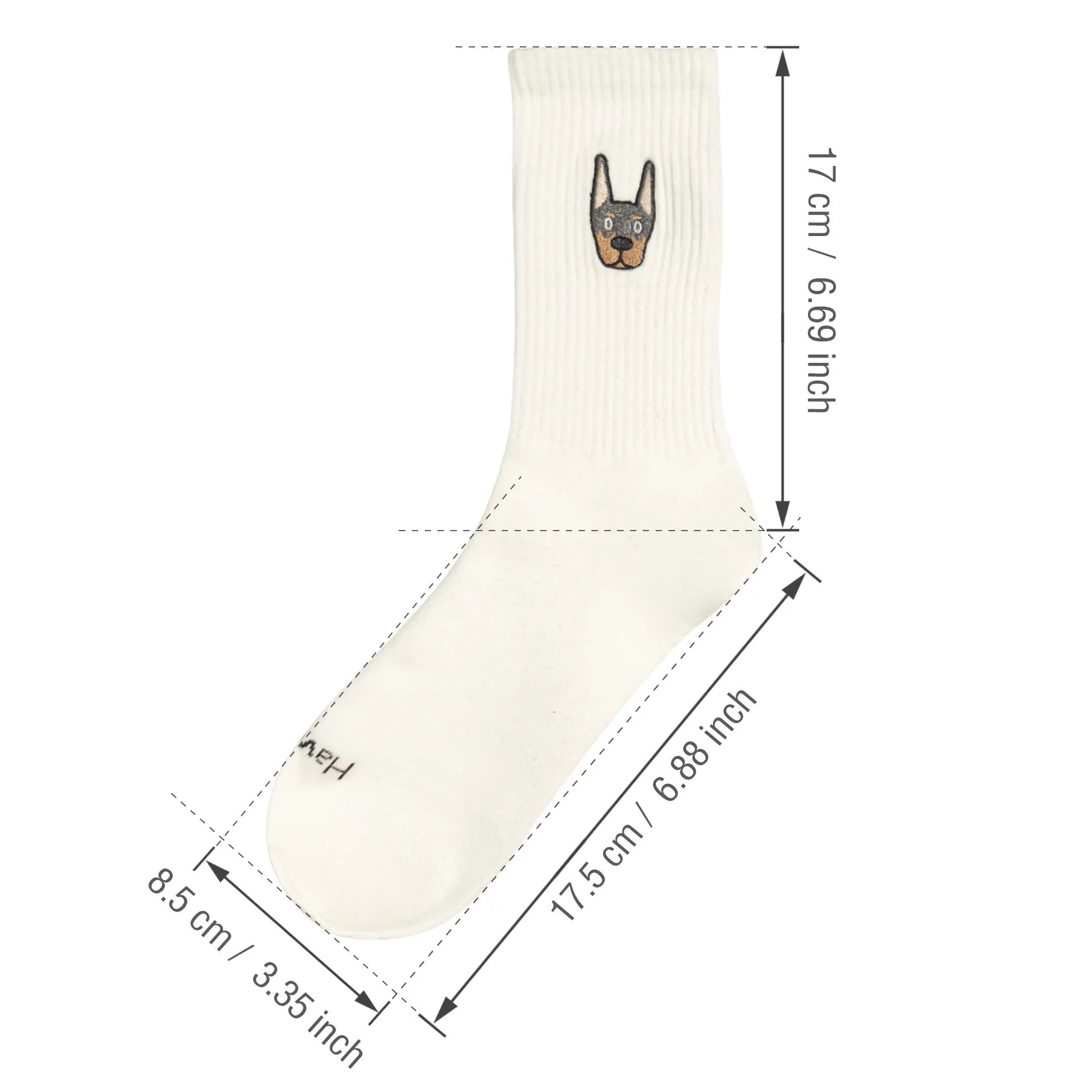 White cotton tube socks with printed Corgi dog pattern on a white background