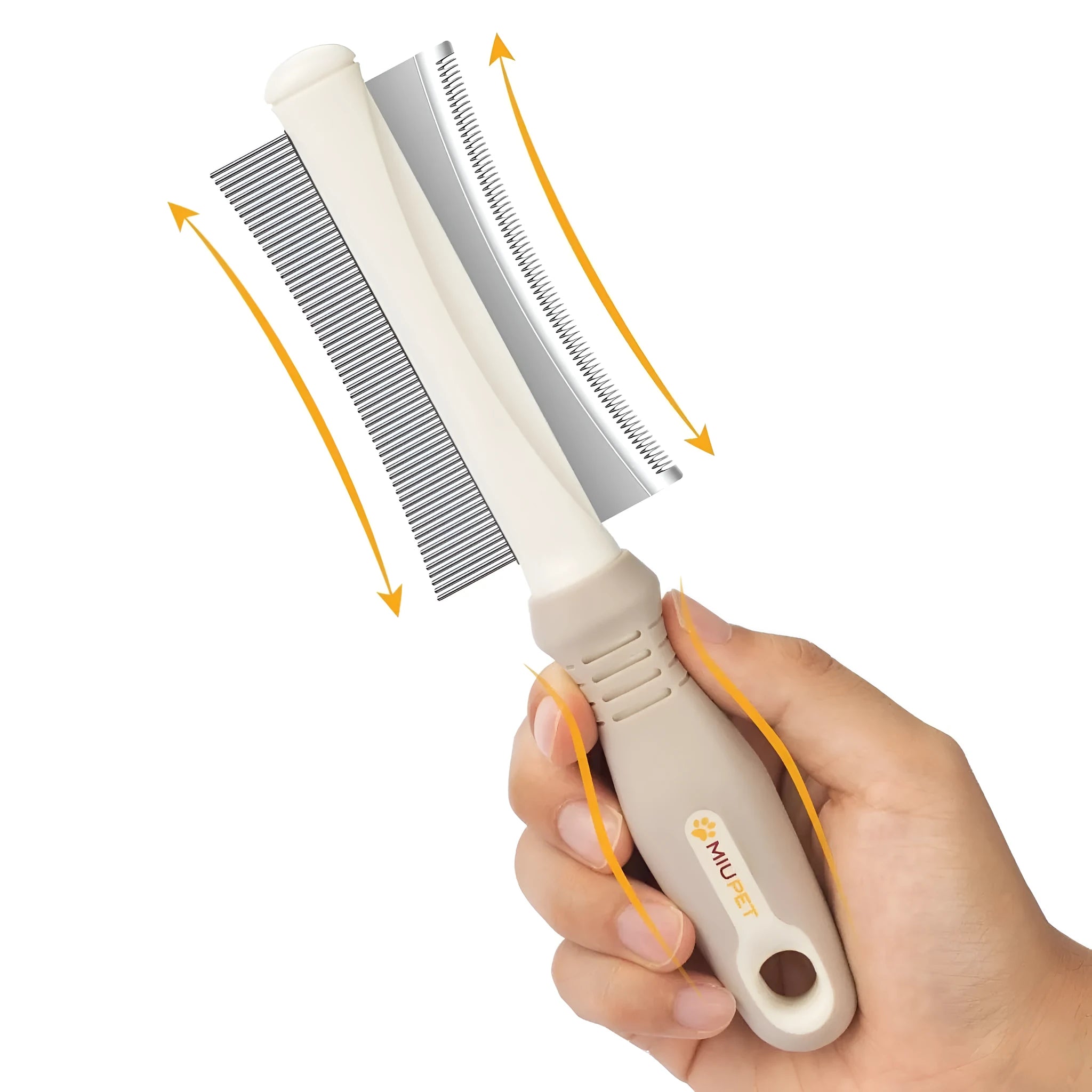 White 2-in-1 dog and cat deshedding brush and grooming comb with curved comb side and ergonomic handle.