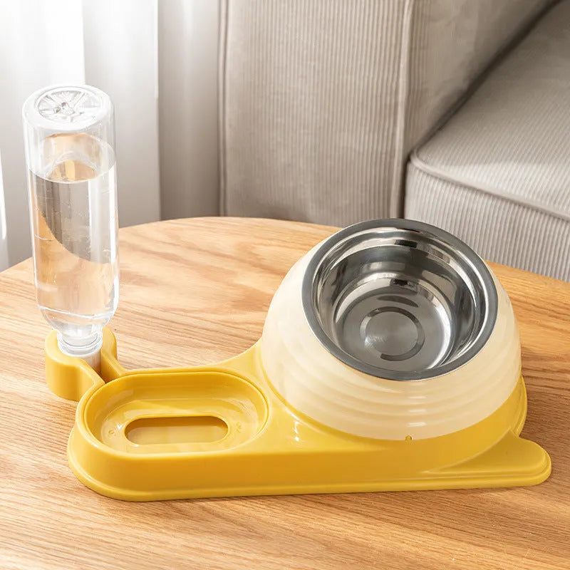 Elevated cat food bowl with water dispenser bottle in brown colour