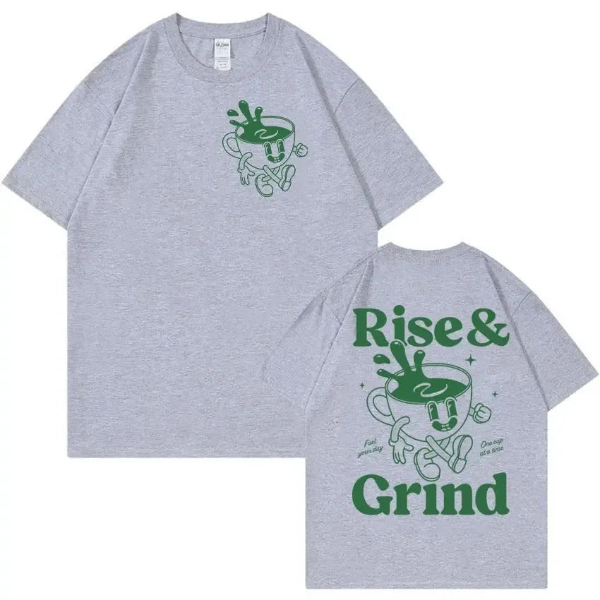 Man wearing a loose black T-shirt with a colourful Rise and Grind coffee cartoon and expression bag graphic.