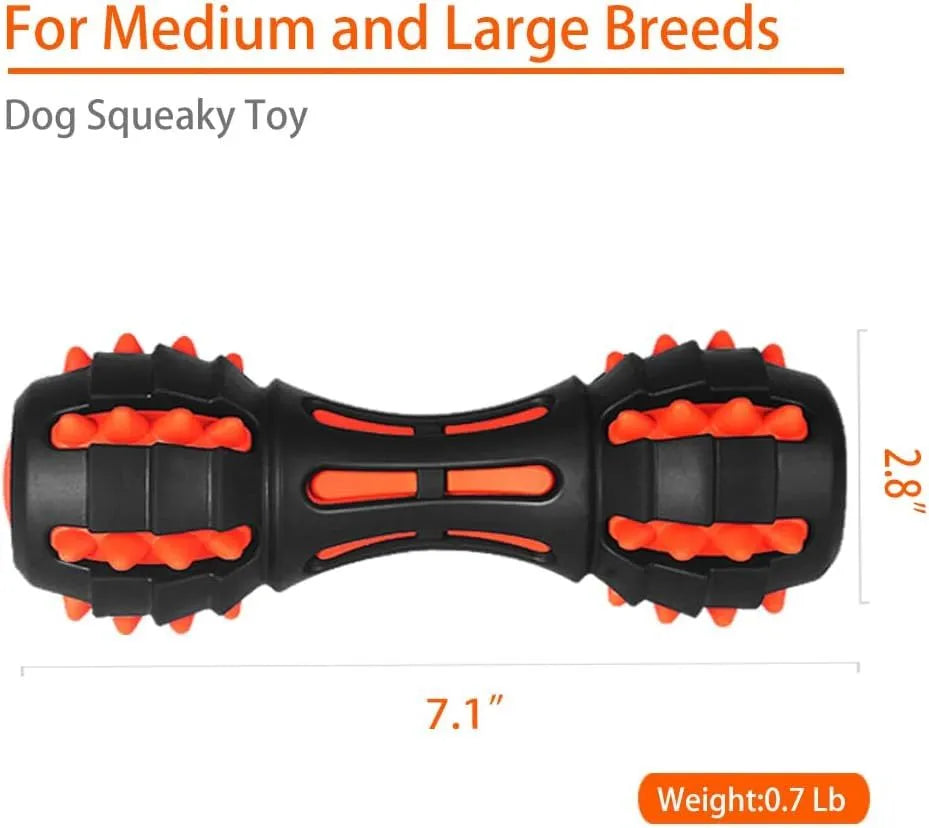 Red dumbbell-shaped rubber dog chew toy for medium and large breeds.
