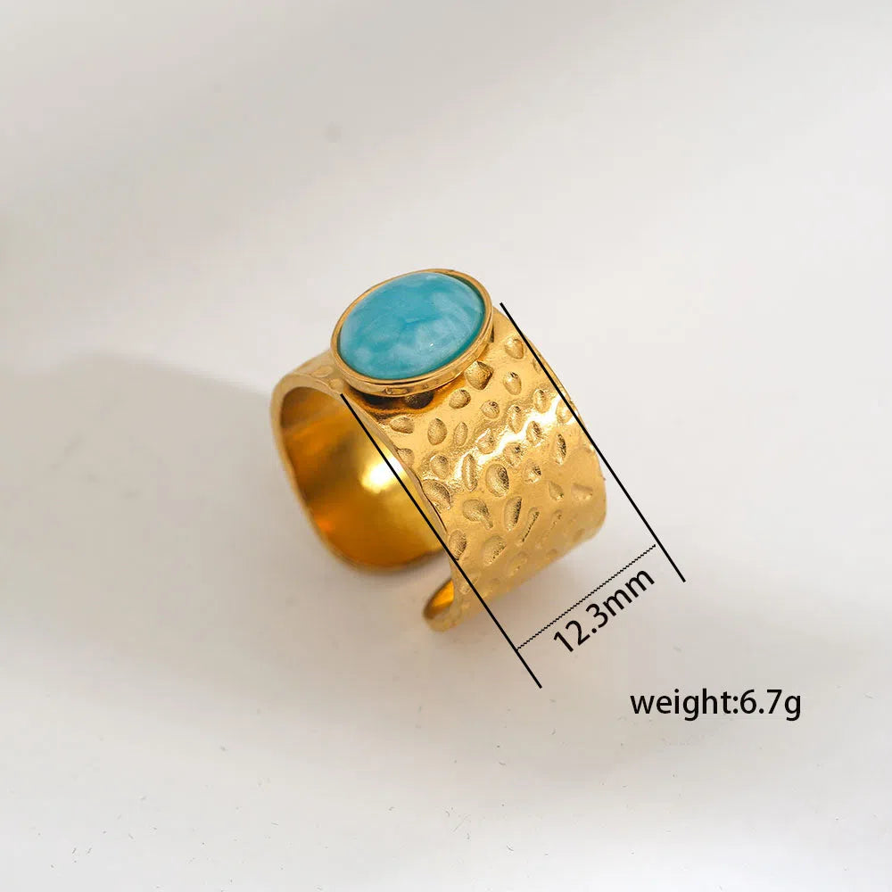 Natural stone open ring for women, leaf shape, stainless steel, electroplated finish, round stone, Ins style