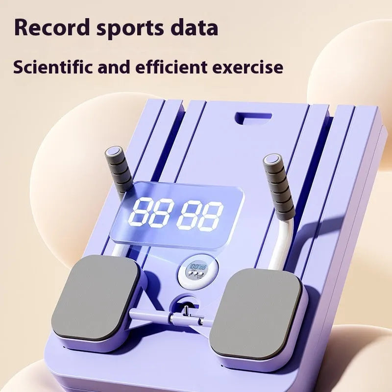 Standard purple automatic rebound abdominal wheel fitness board on floor demonstrating exercise position