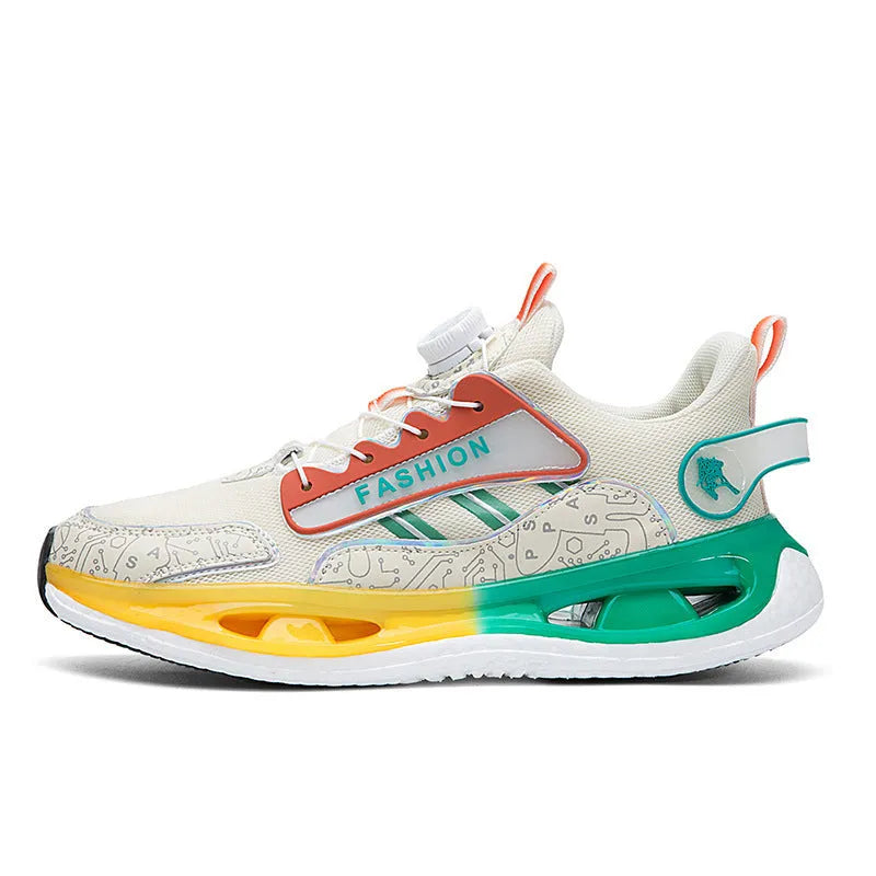 Men's low-top mesh sports shoes in beige orange, black, and white grey with elastic band and non-slip sole.
