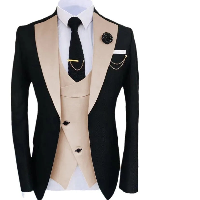 Men's slim fit three-piece business suit in cotton, showing coat, vest, and trousers on a hanger.
