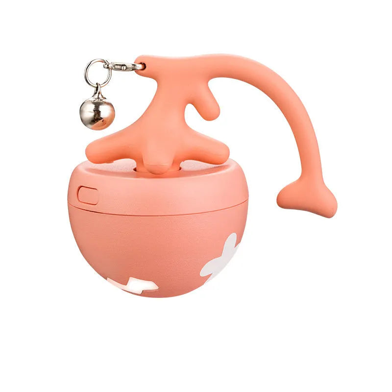 USB electric cat teasing ball with fish bone-shaped roller and replaceable teasing stick in blue, pink, and yellow colours