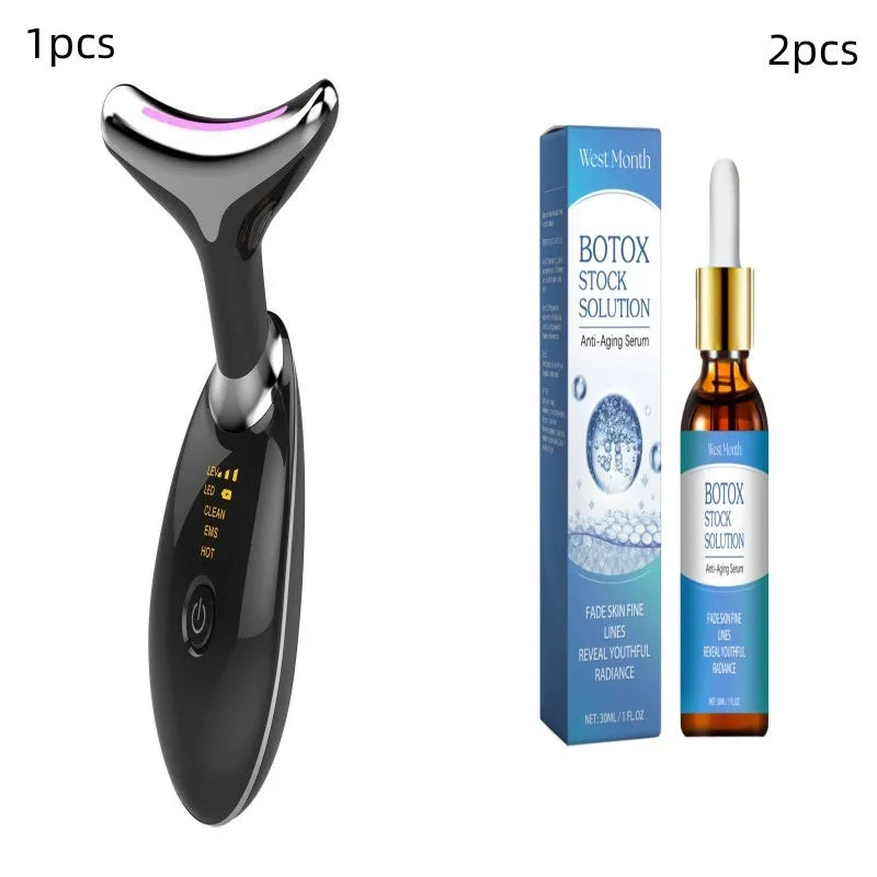 EMS thermal microcurrent neck lifting massager device with LED lights on a white background.