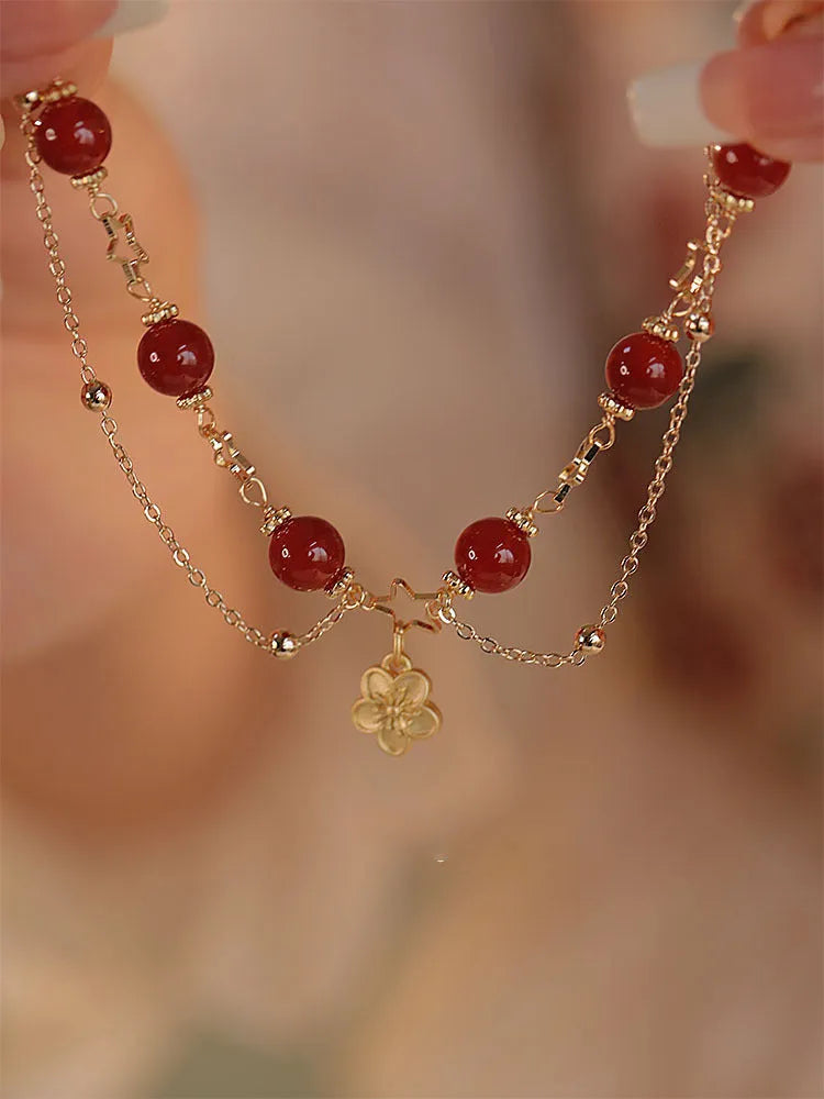 Red agate double layer bracelet with peach blossom ethnic design elements