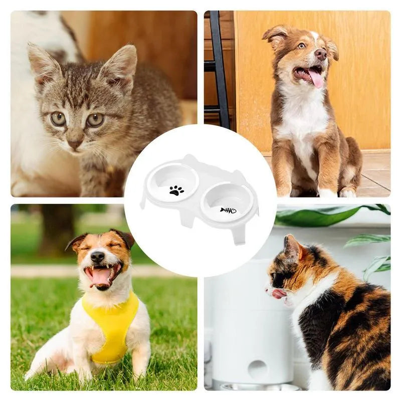 Ceramic cat food and water bowl set with elevated tilted stand in blue, pink, white or yellow