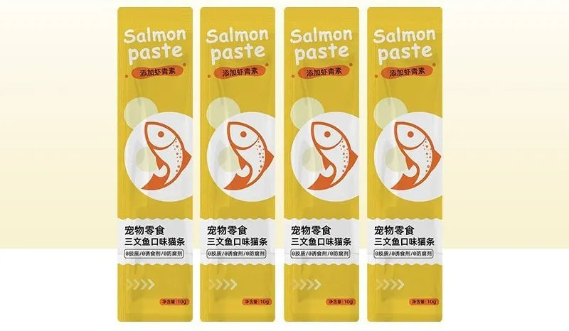 Pack of 10 soft moist cat treat strips in four flavour varieties.