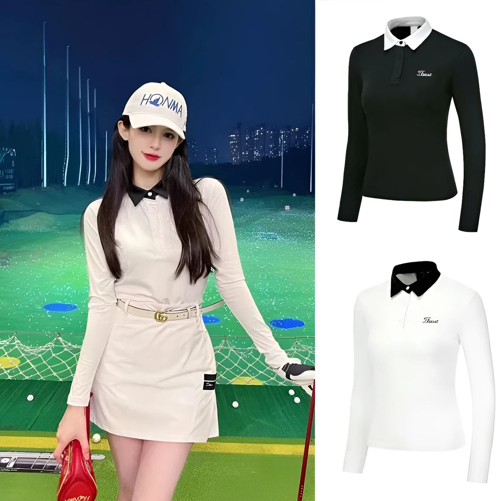 Women's white long sleeve golf top with slim fit and breathable polyester fabric
