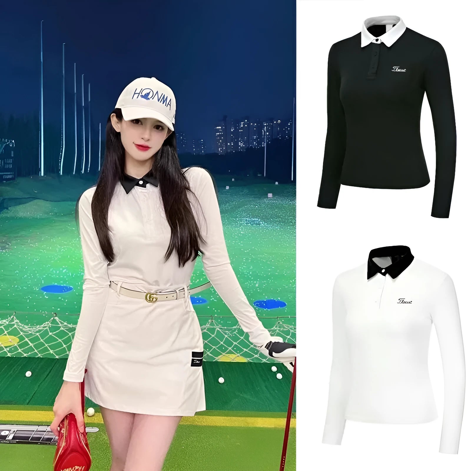 Women's white long sleeve golf top with slim fit and breathable polyester fabric