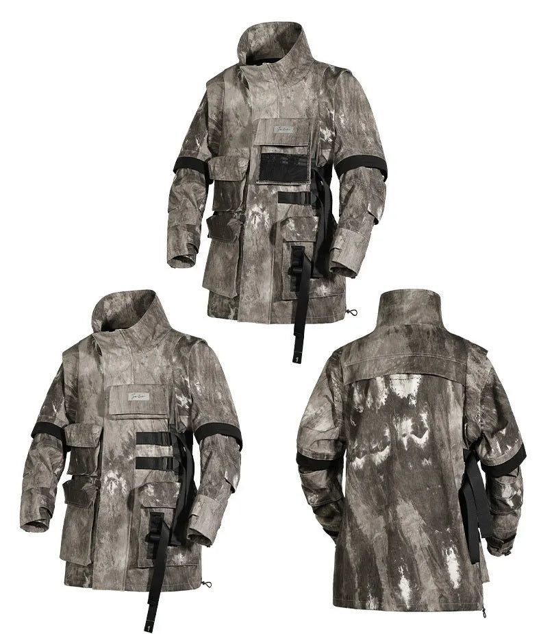 Loose fit camouflage jacket in grey, standing collar, long sleeves, multi pockets, polyester fabric