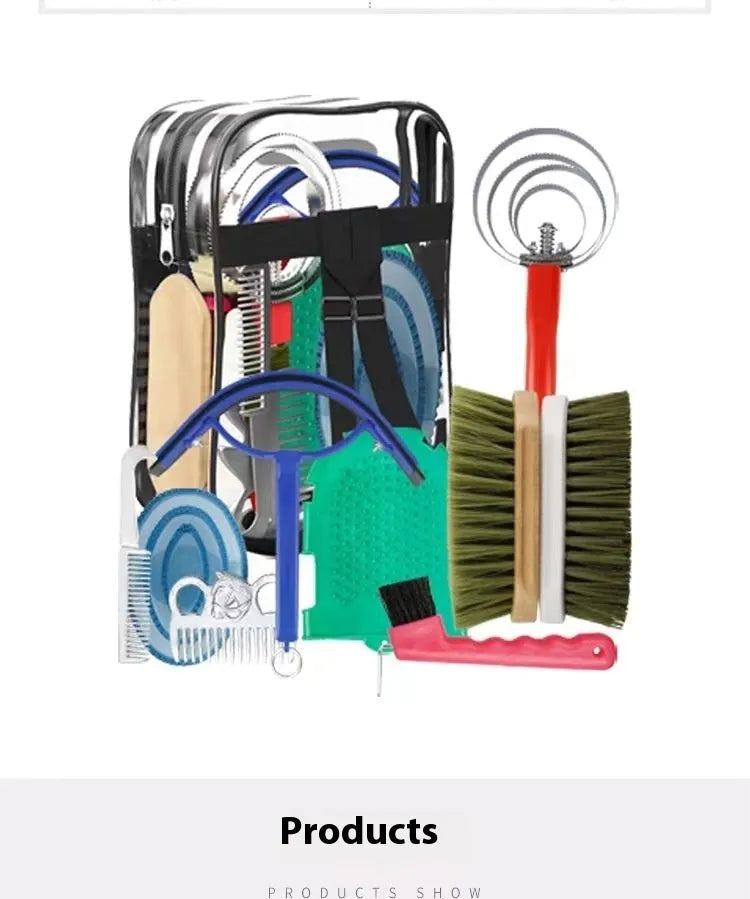 Equestrian supplies 10-piece horse brushing tool set with PP brushes, aluminum combs, and storage bag
