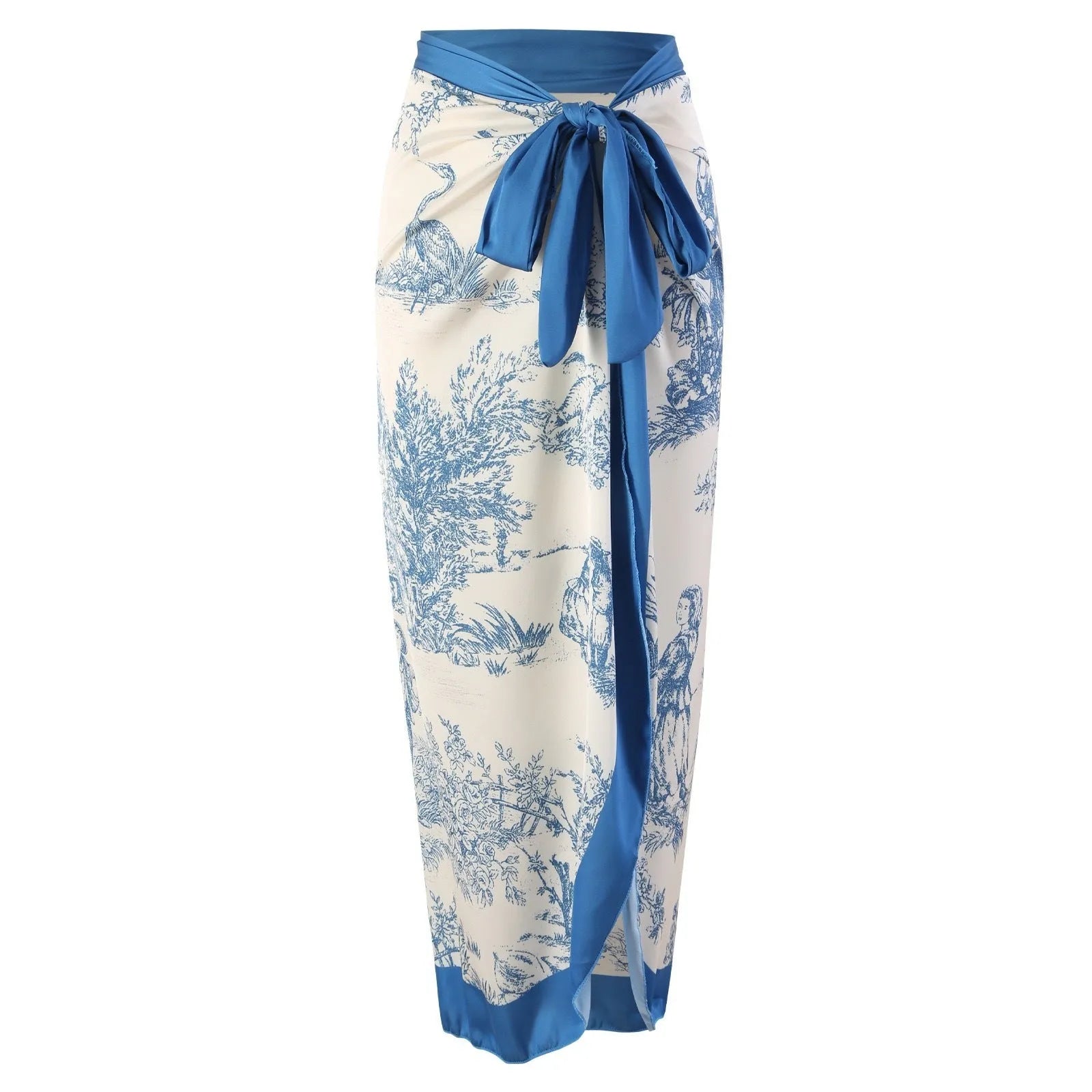 Blue patterned one-piece swimsuit for women with a matching gauze skirt