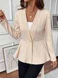 Women's apricot jacquard knit cardigan with single button front and regular long sleeves
