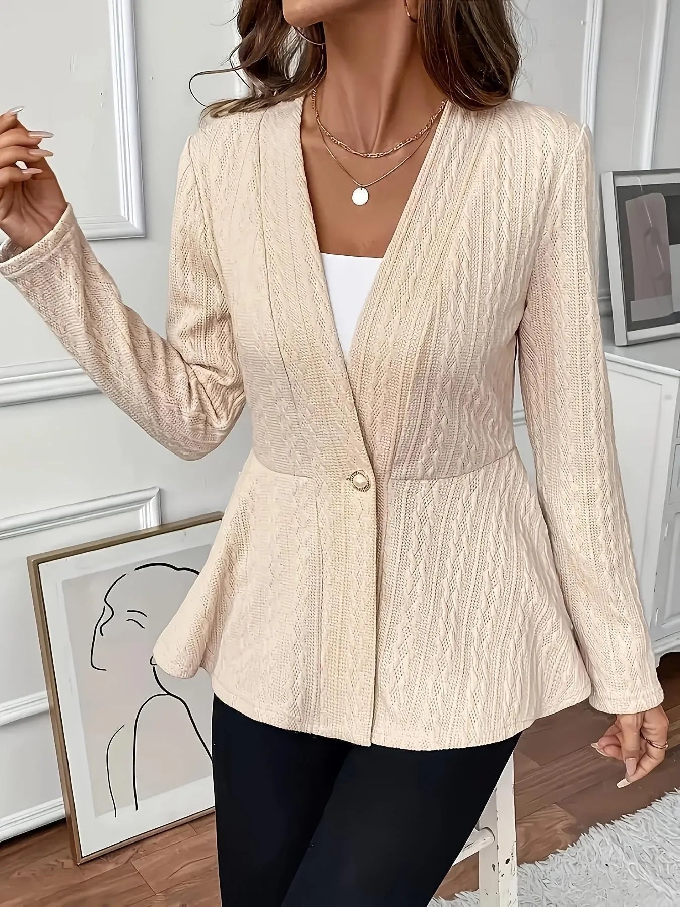 Women's apricot jacquard knit cardigan with single button front and regular long sleeves