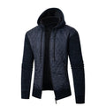 Men's grey corduroy hooded sweater coat with cinched waist design showing wool composition and cotton filler