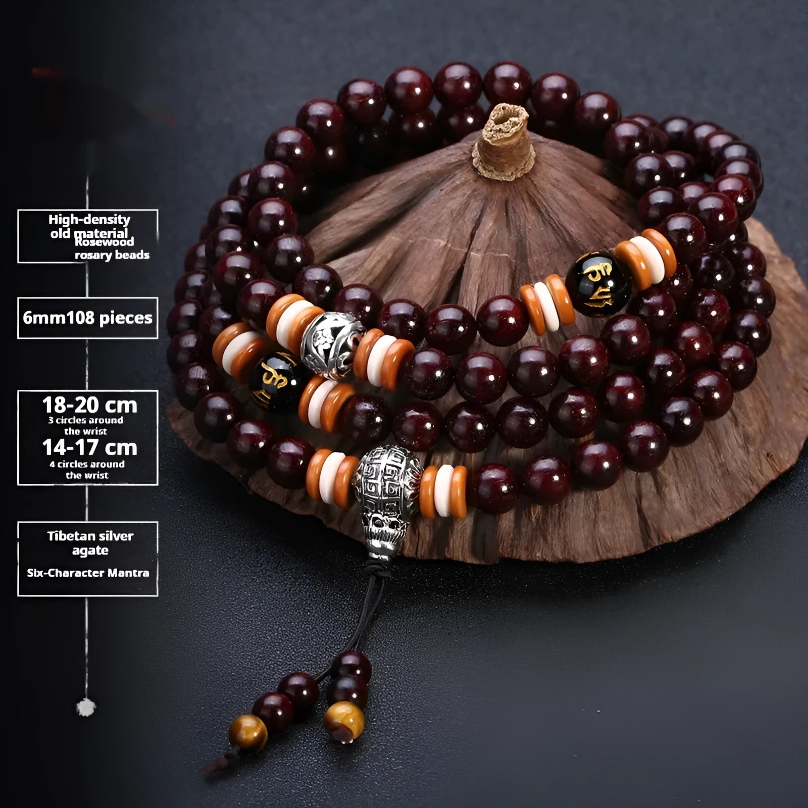 Men's rosewood bracelet with 108 beads, showing 6mm and 8mm size options alongside styles like lapis lazuli and turquoise.