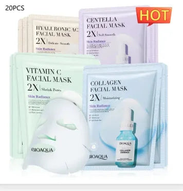 Single sheet of a white collagen face mask and a multi-pack box of 30g facial sheet masks.