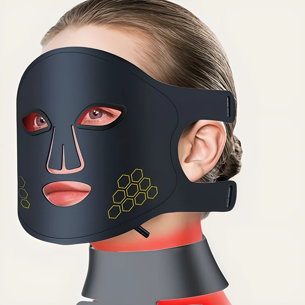 Black LED photon therapy mask with neck extension for facial skincare treatment