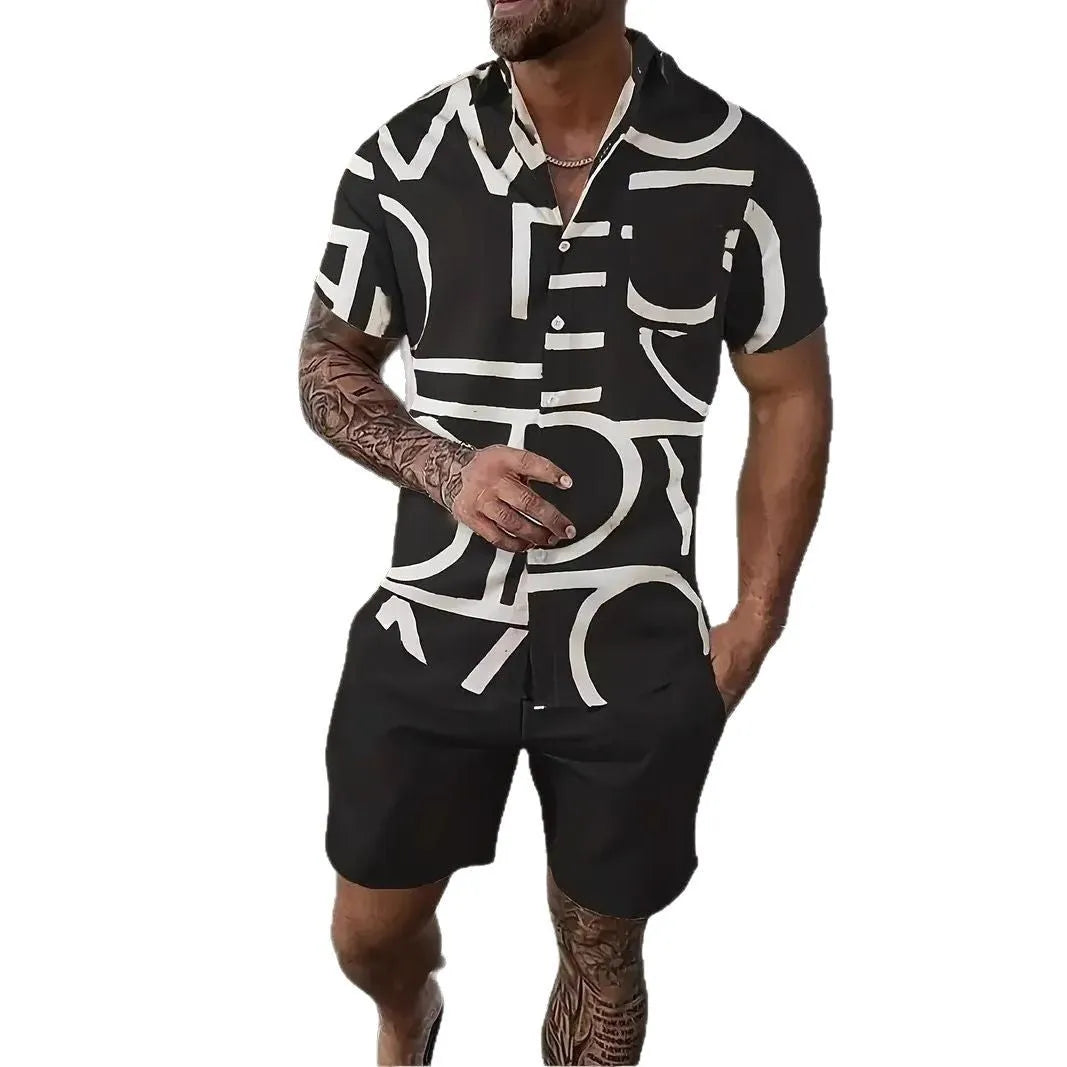 Man wearing a blue Hawaiian print short sleeve shirt and matching shorts from the casual suit set.