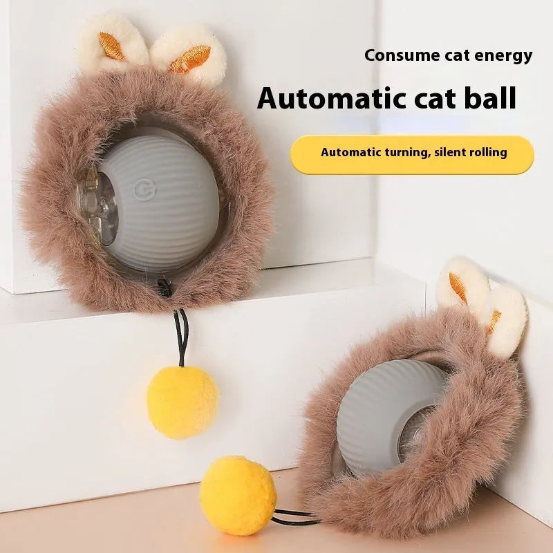 Silicone self-moving rolling ball cat toy in green, red, and grey colour options.