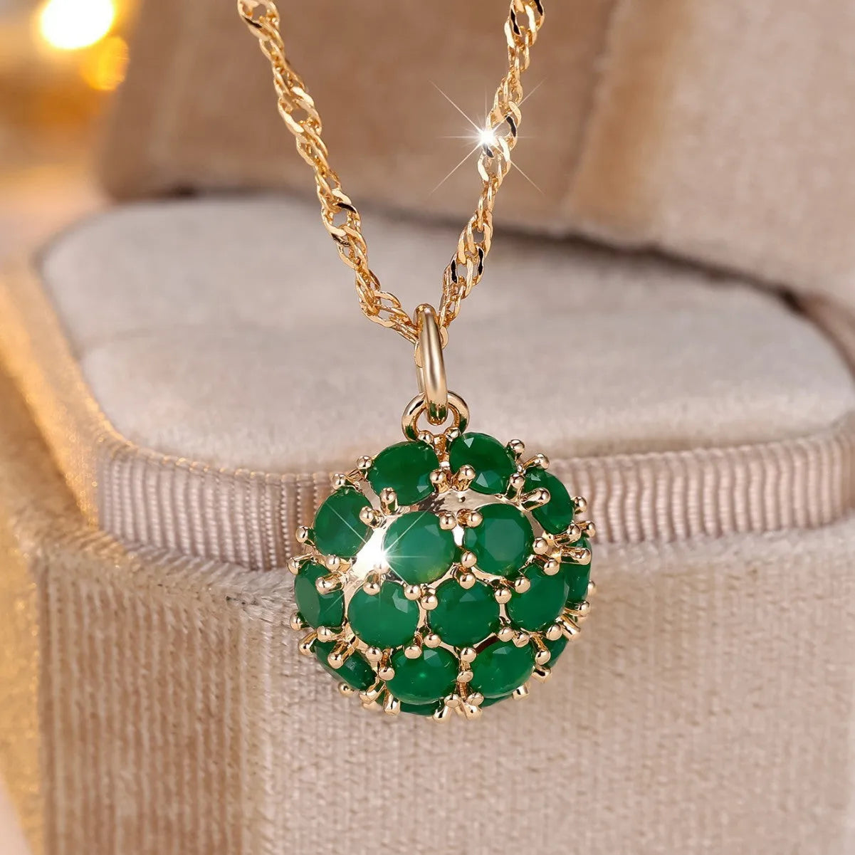 Women's round emerald full diamond necklace with adjustable chain in champagne gold