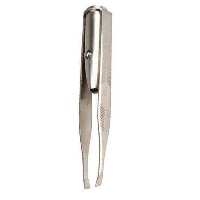 LED beauty tweezers with stainless steel construction and built-in light, 8.5 cm length, on white background
