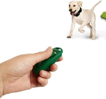 Plastic two-in-one dog training ring and whistle in black on a plain background