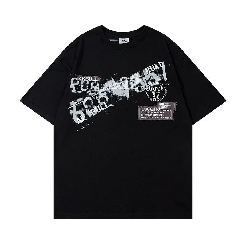Men's letter affixed cloth embroidered printed short sleeve pure cotton t-shirt in white and black
