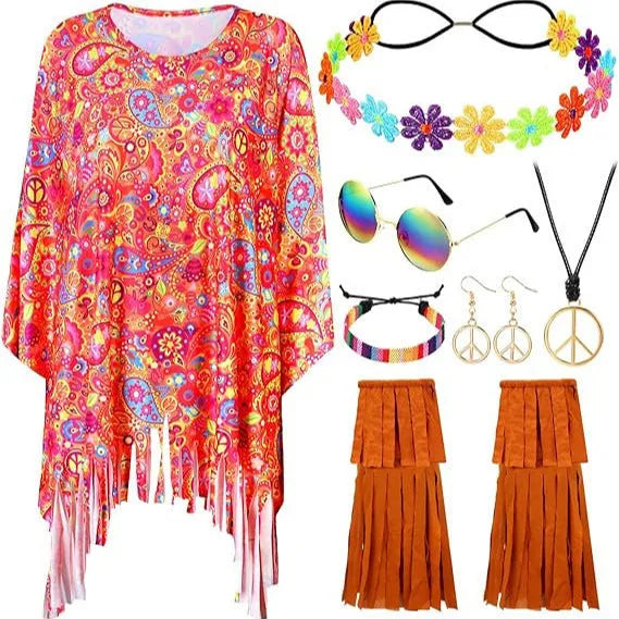 Tie dye spandex cloak costume with bell sleeves in rainbow colours for Halloween parties