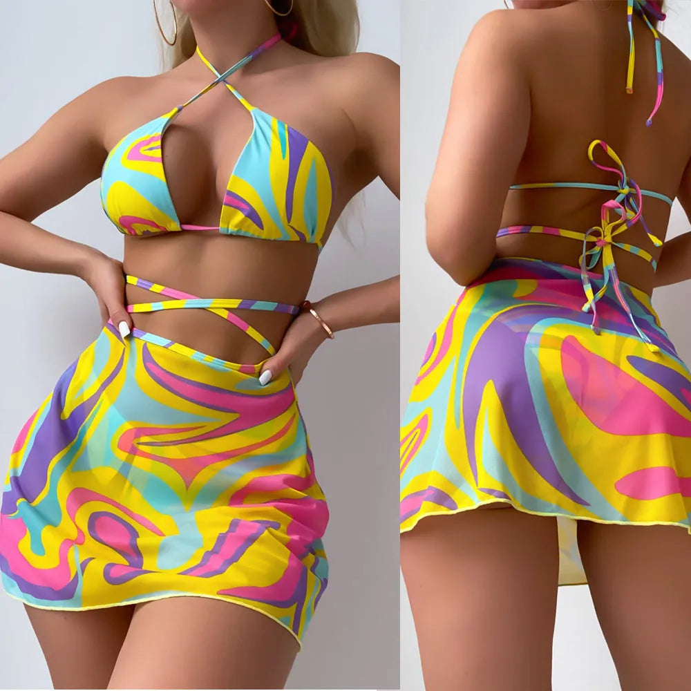 Yellow striped halter lace-up swimsuit for women with skirt and shorts