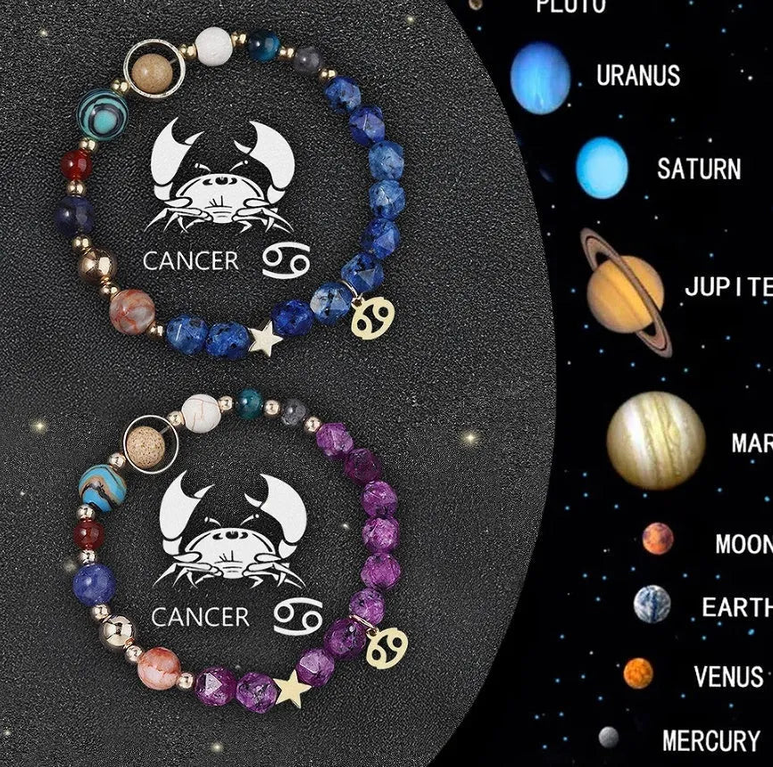 Two adjustable beaded bracelets with natural stone zodiac charms and metal accents on a wrist.