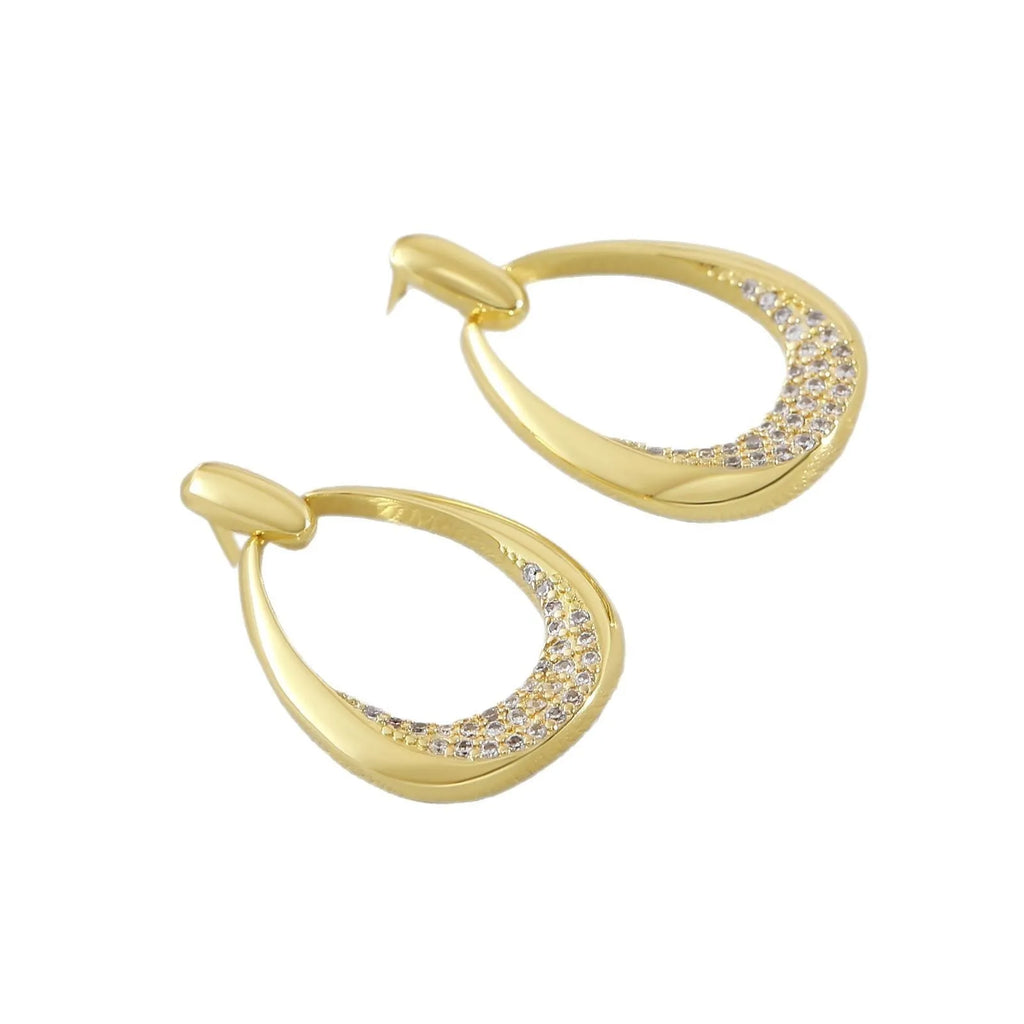 Yellow gold geometric drop earrings with zircon detailing on copper base, measuring 2.6cm