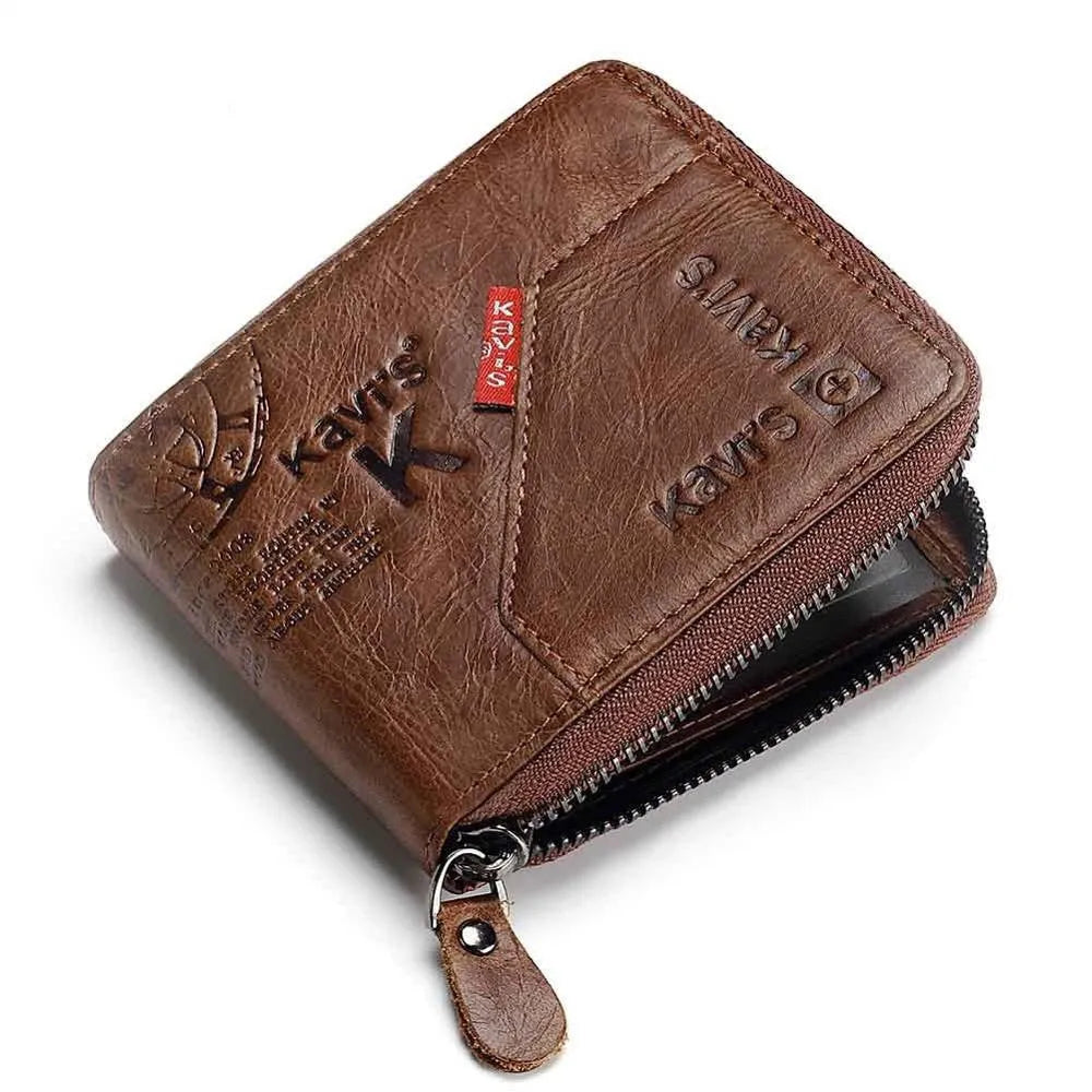 Men's coffee-coloured soft leather wallet with vintage locomotive pattern and horizontal design