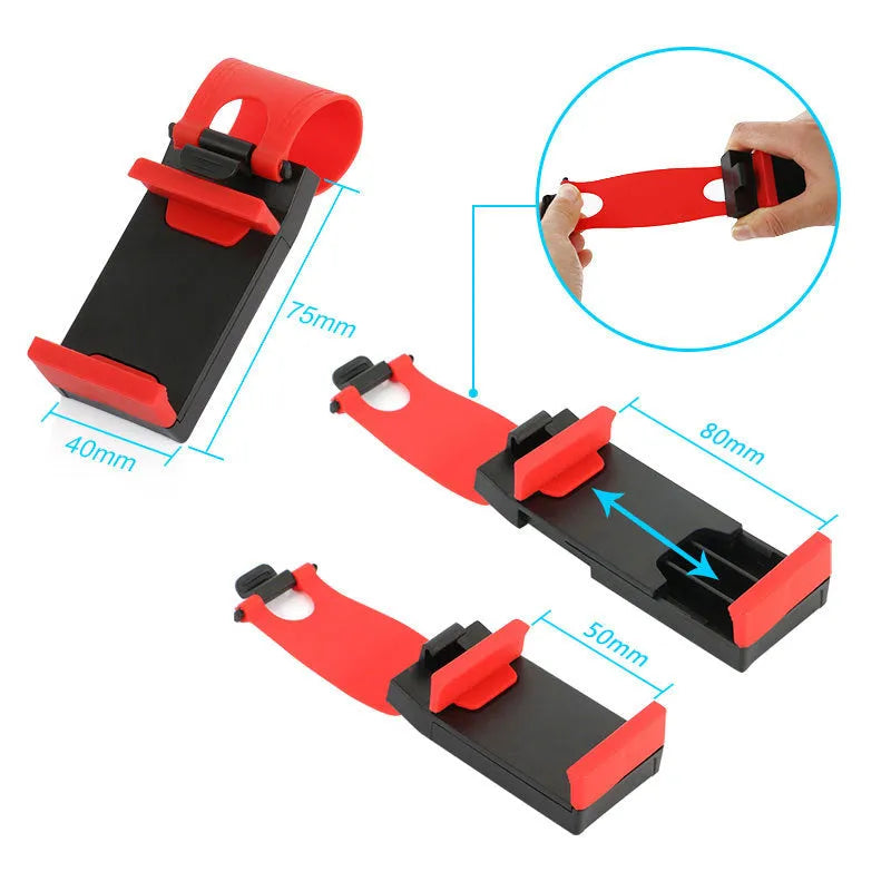 Universal car steering wheel clip mount holder for smartphones and GPS devices in black or red