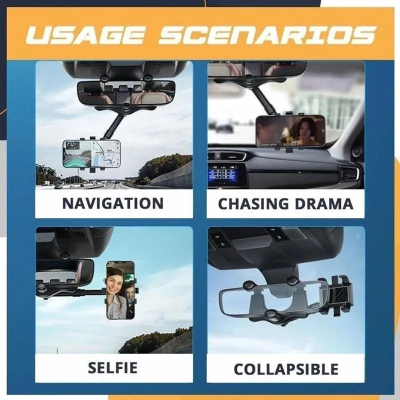 Black rearview mirror phone holder showing 360-degree rotation and telescopic arm extension