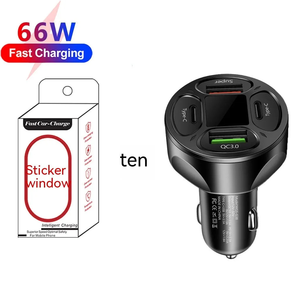 66W digital display car charger with two USB and two Type-C ports on a black background