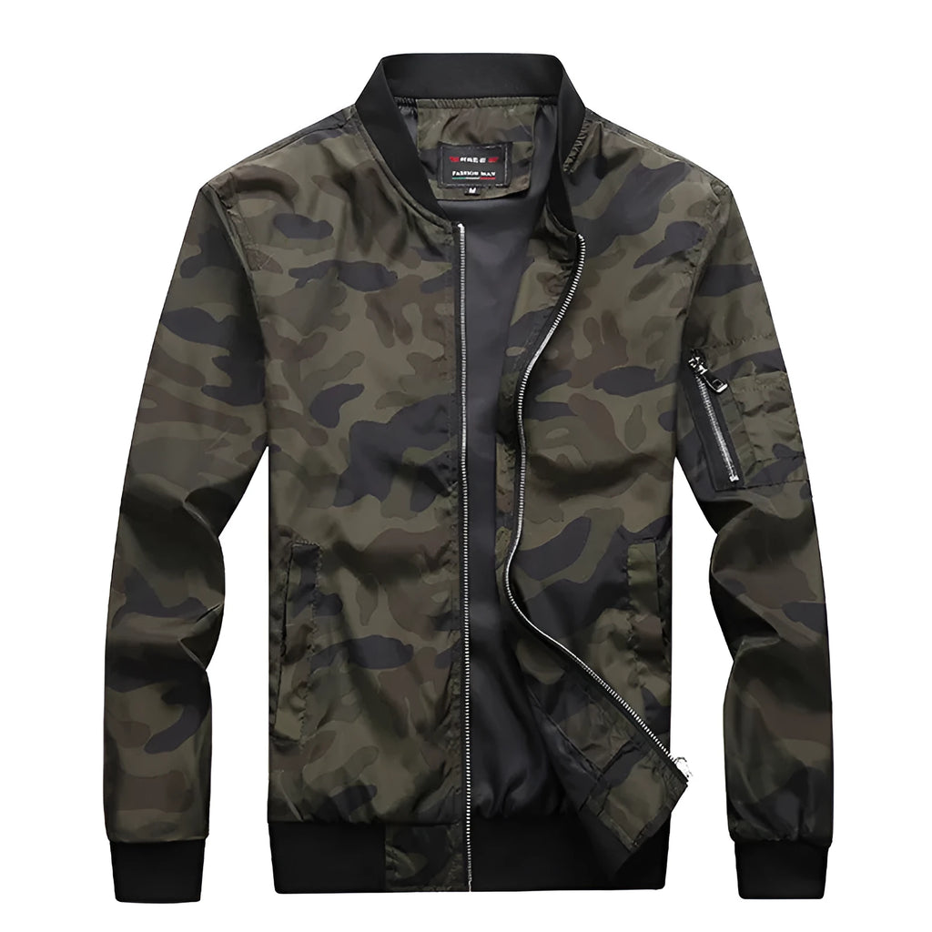 Men's camouflage bomber jacket with stand collar, zip front, long sleeves, and welt pockets in army green