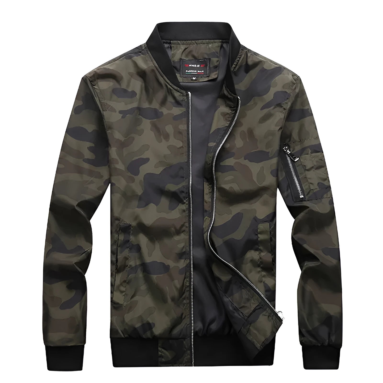 Men's camouflage bomber jacket with stand collar, zip front, long sleeves, and welt pockets in army green