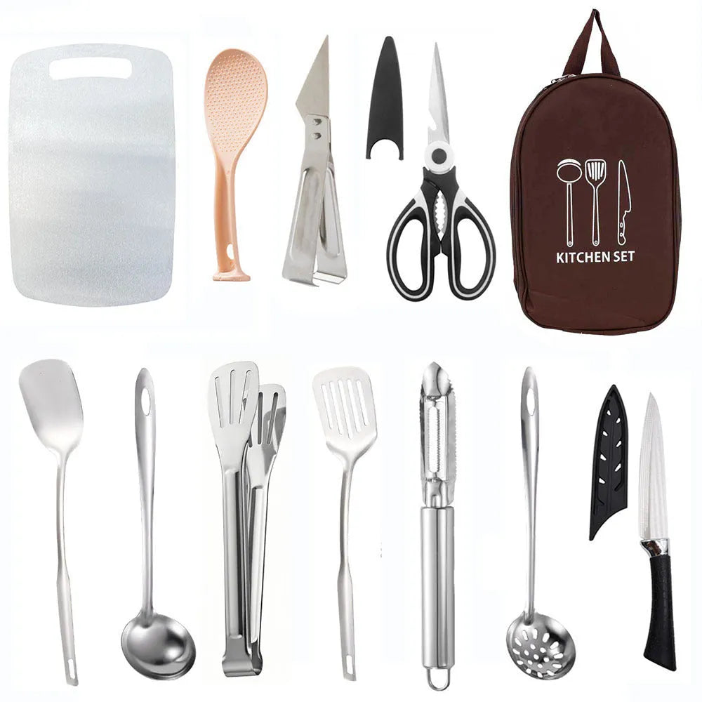 12-piece stainless steel cutlery set inside a khaki portable picnic storage bag