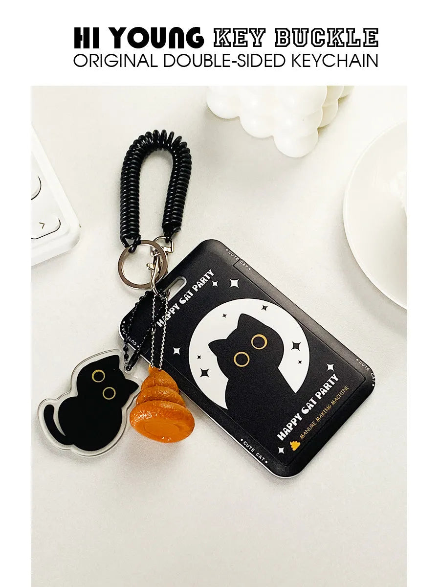 Black cat cartoon design plastic card sleeve with removable fob pendant for bus and student cards
