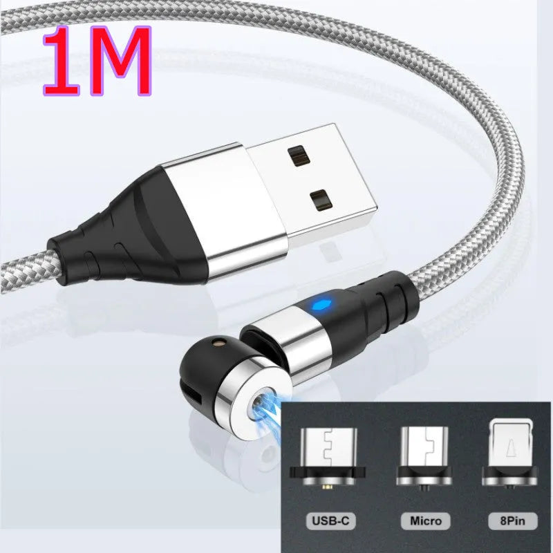 Black magnetic charging cable with LED diamond lamp, showing Android and Type-C magnetic connectors.