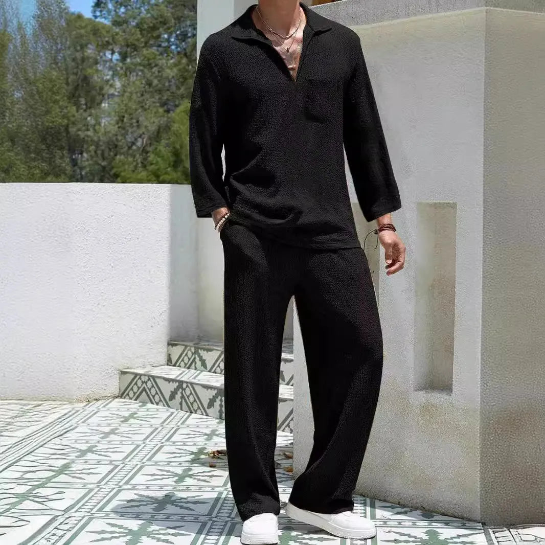 Men's casual polyester shirt trousers suit in black, caramel, khaki or lake blue colours with shirt jacket design