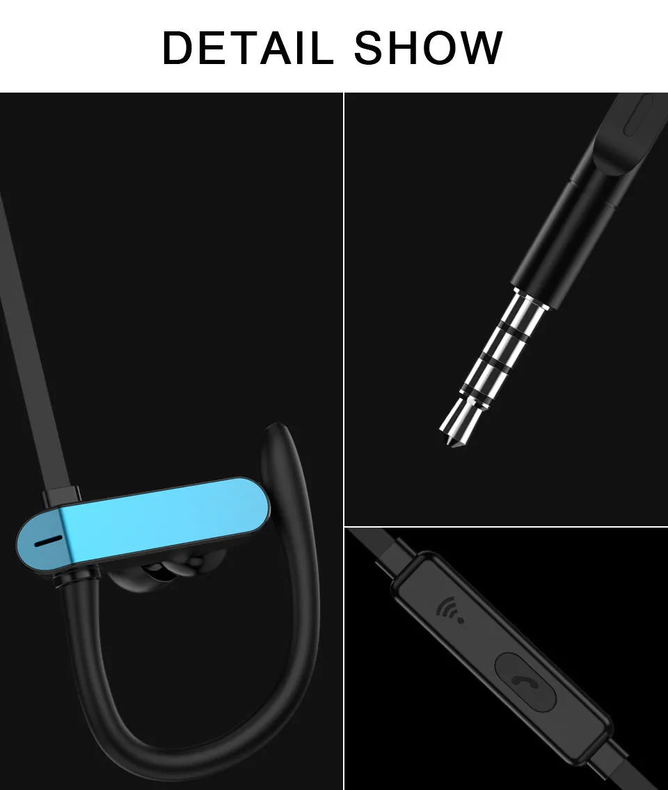 Black and blue sports earphones with flexible ear hooks and silicone gel earbuds for running and gym.