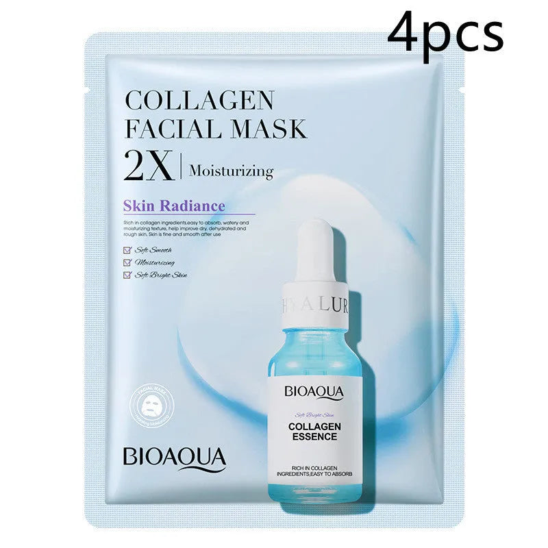Single sheet of a white collagen face mask and a multi-pack box of 30g facial sheet masks.